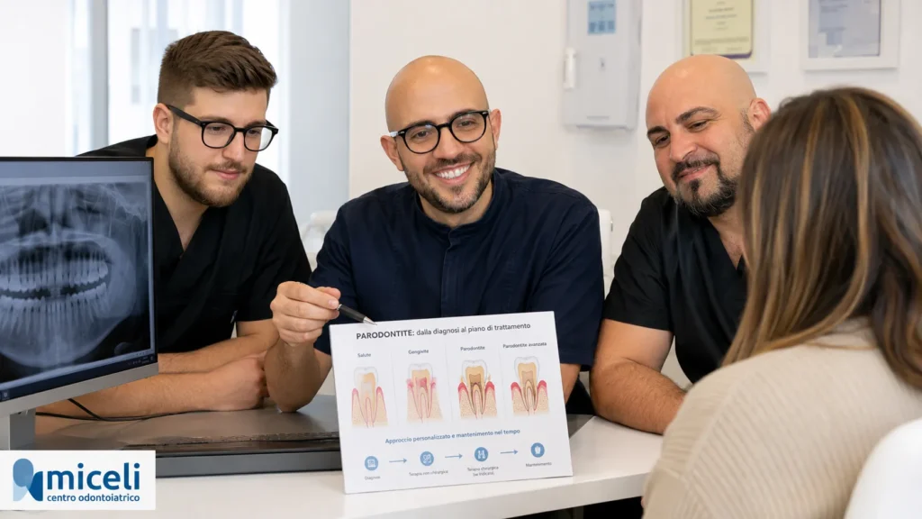 Consulto sulla parodontite con il team del Miceli Centro Odontoiatrico durante la spiegazione della diagnosi e del piano di trattamento