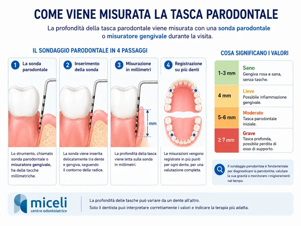 Infografica su come viene misurata la tasca parodontale con una sonda millimetrata inserita tra dente e gengiva