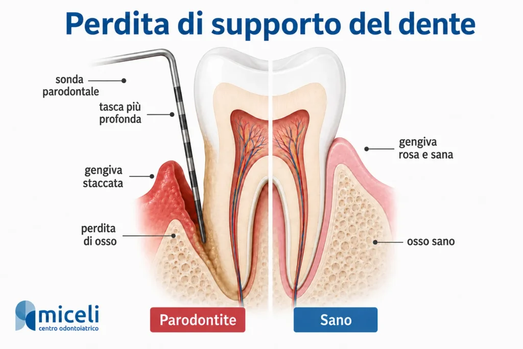 Infografica sulla perdita di supporto del dente con confronto tra parodontite e situazione sana, perdita di osso, gengiva staccata e sonda parodontale