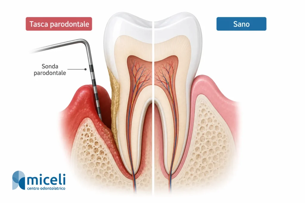 Infografica della tasca parodontale con confronto tra gengiva sana e gengiva malata sondabile con sonda parodontale