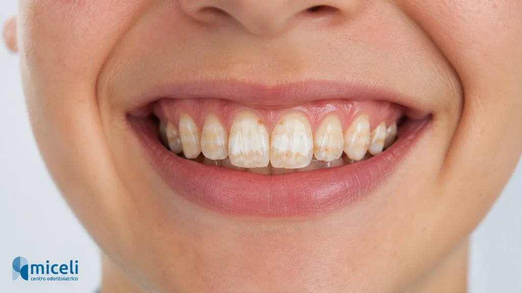 Fluorosi dentale con macchie bianche e marroni sui denti anteriori