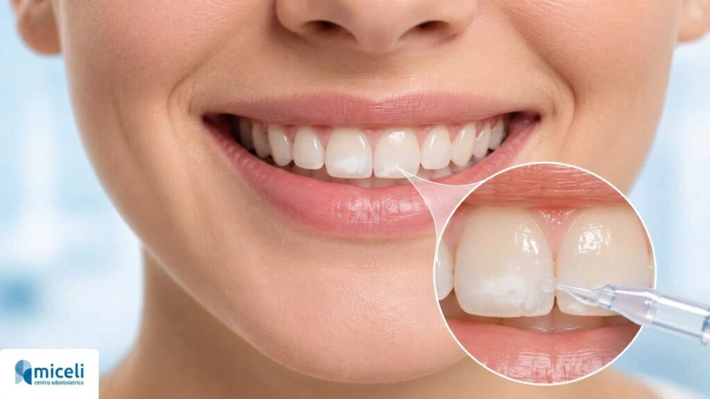 Sorriso con macchia bianca sui denti anteriori trattata con infiltrazione resinosa